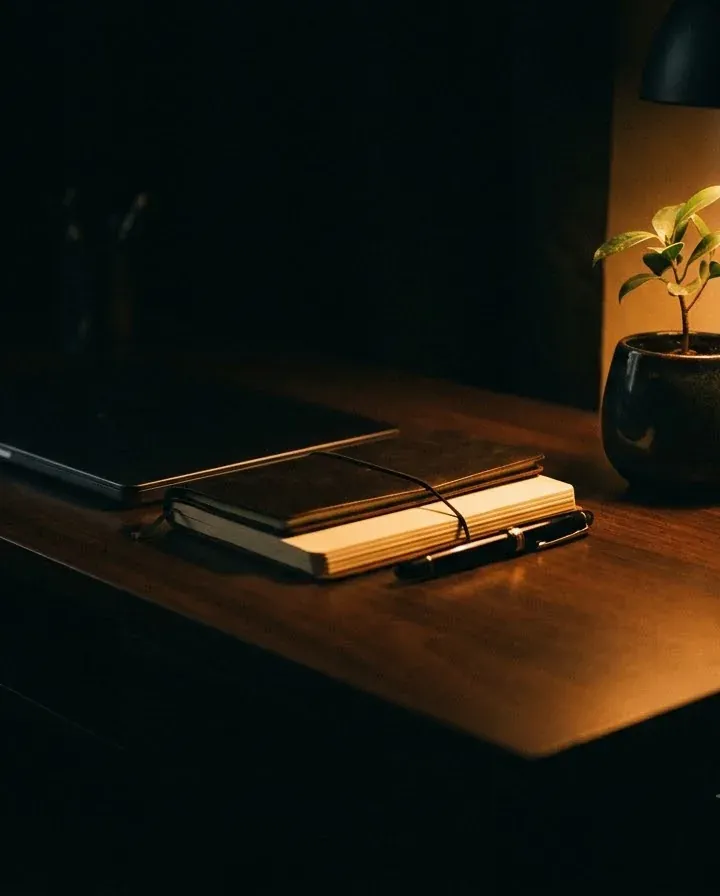 A leather notebook and pen on a dark wooden desk, lit by a warm lamp beside a small plant