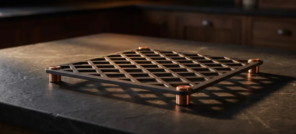 A metal grate resting on a dark surface, lit from the side