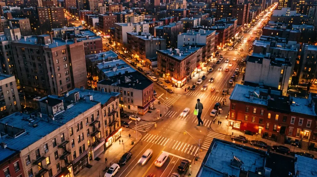 A city street seen from above at night, lit by street lamps