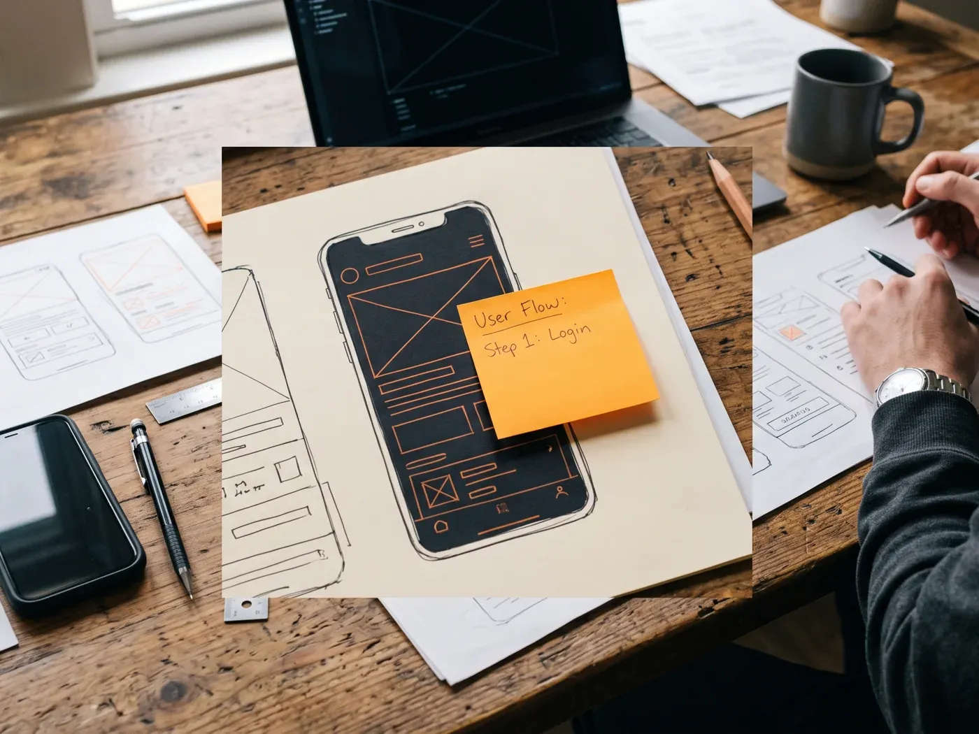 Paper sketches of a phone screen with sticky notes, on a desk next to a phone and pens