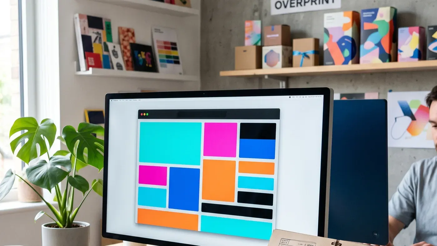 A desktop monitor showing a colourful app layout, with books and prints on shelves behind