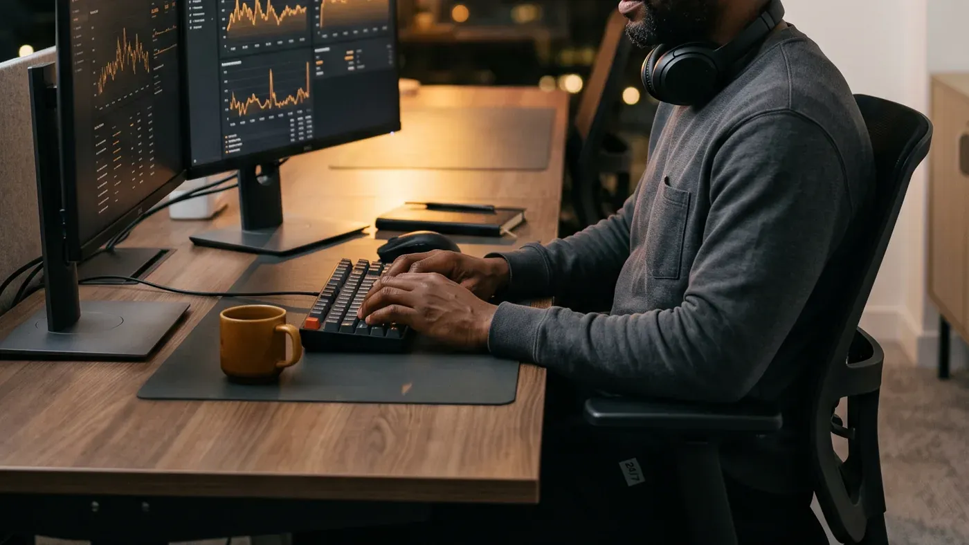 A developer typing at a laptop in front of two monitors full of code
