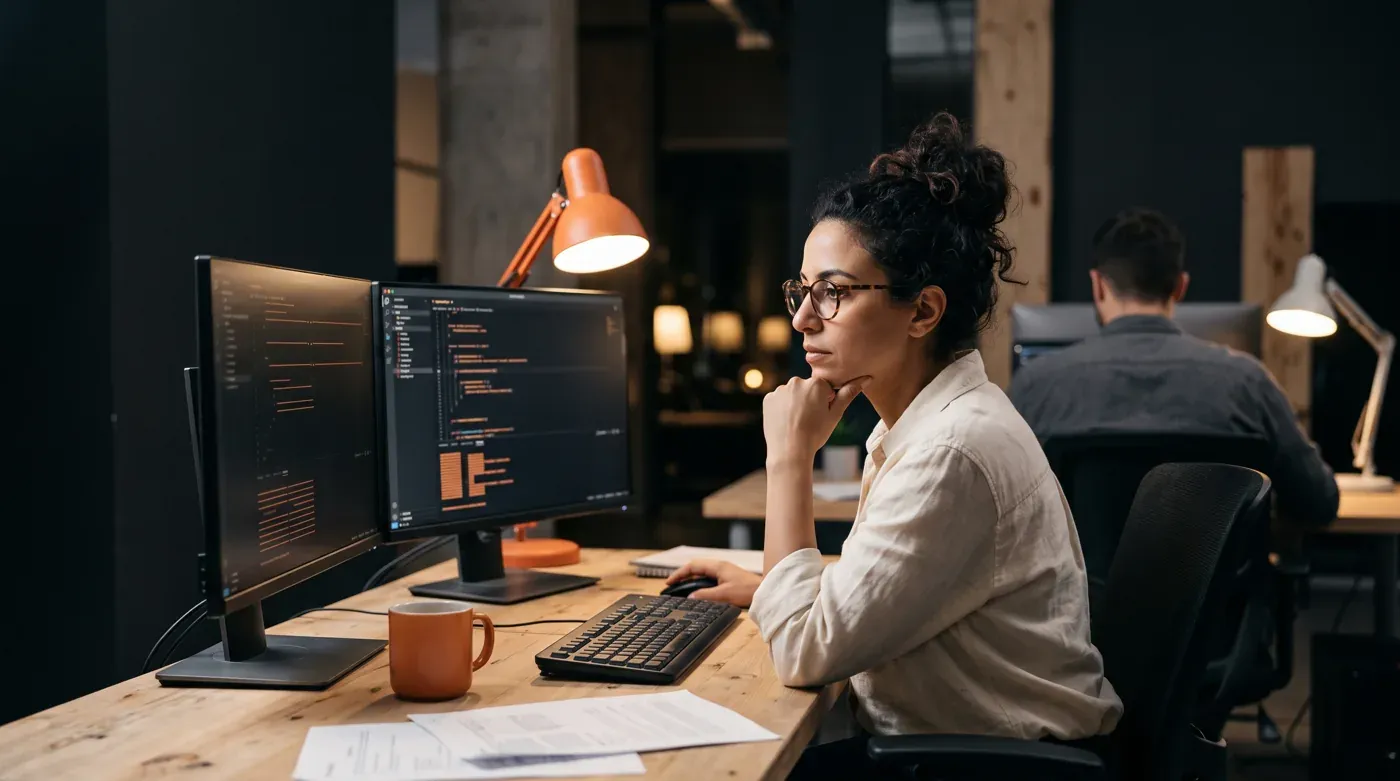 A developer at a desk lamp-lit workstation, reading code on two monitors