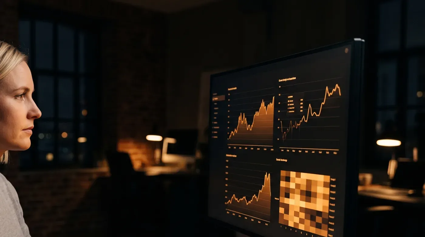 A monitor in a dark room showing orange line charts and a heatmap
