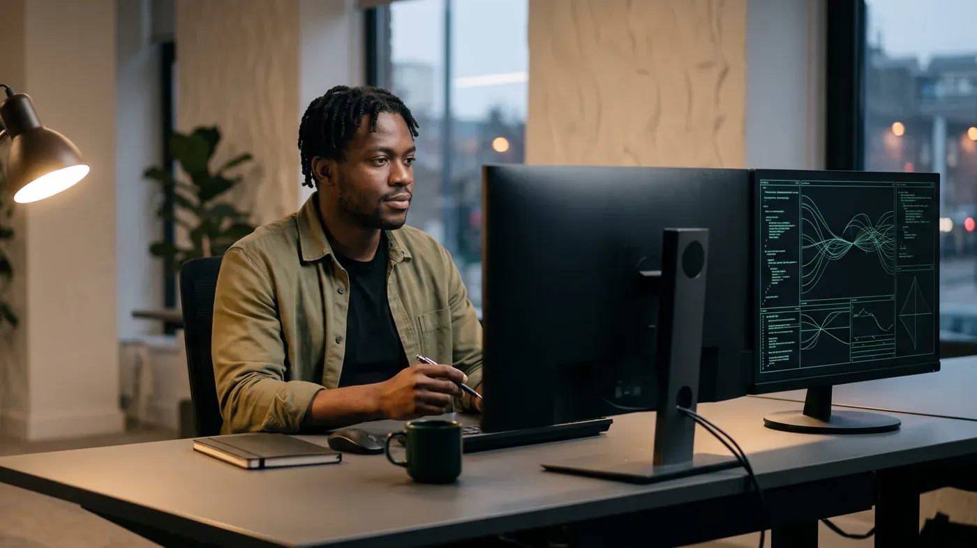 A developer sitting at a desk with two monitors in a bright office