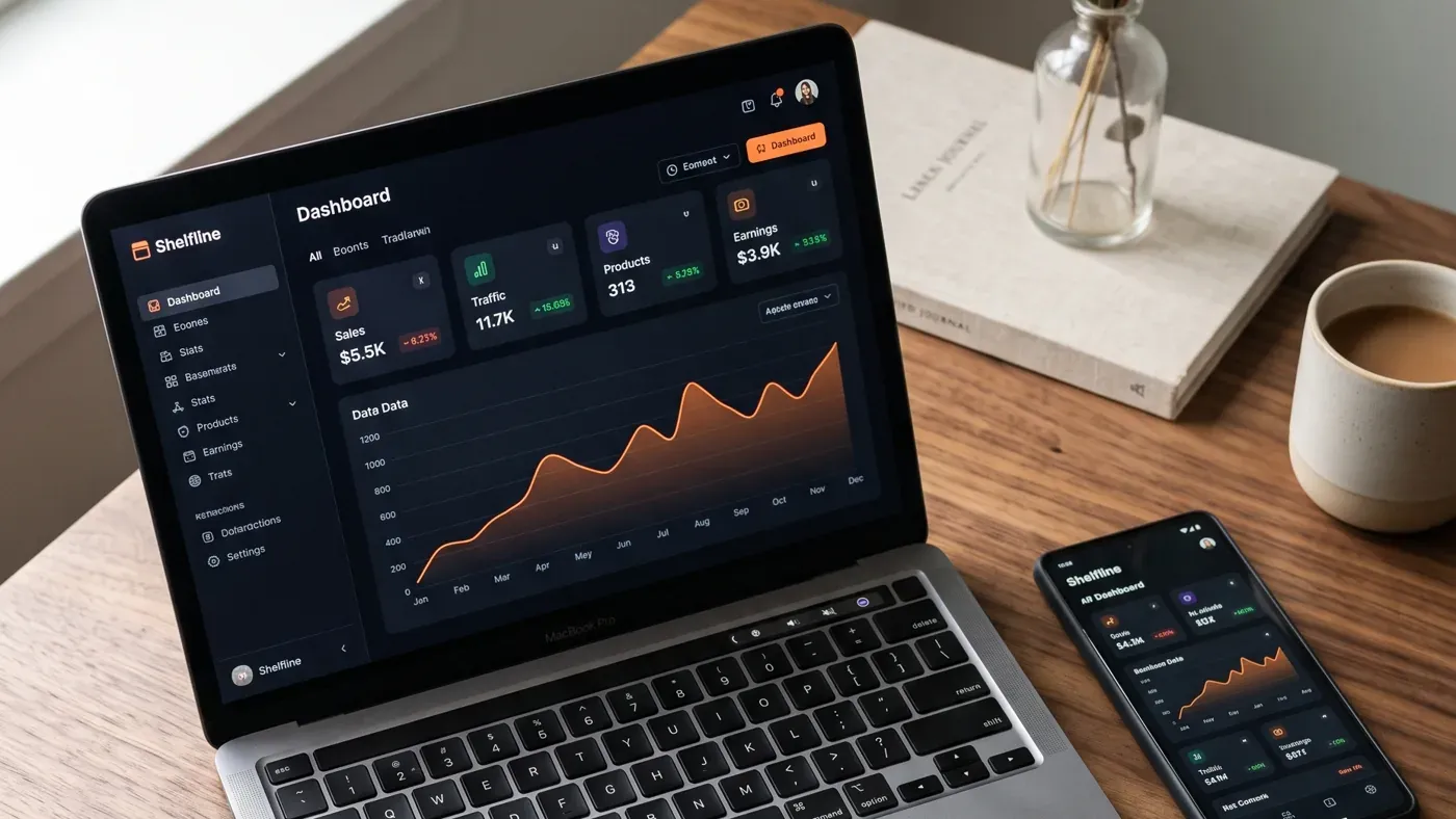 A laptop and phone showing a dark analytics dashboard with an orange revenue chart