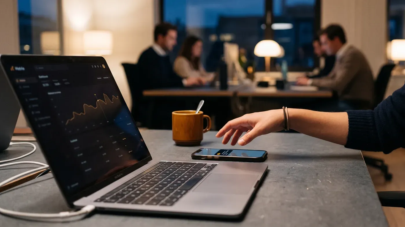 A laptop showing a dark dashboard on an office desk, a team working in the background